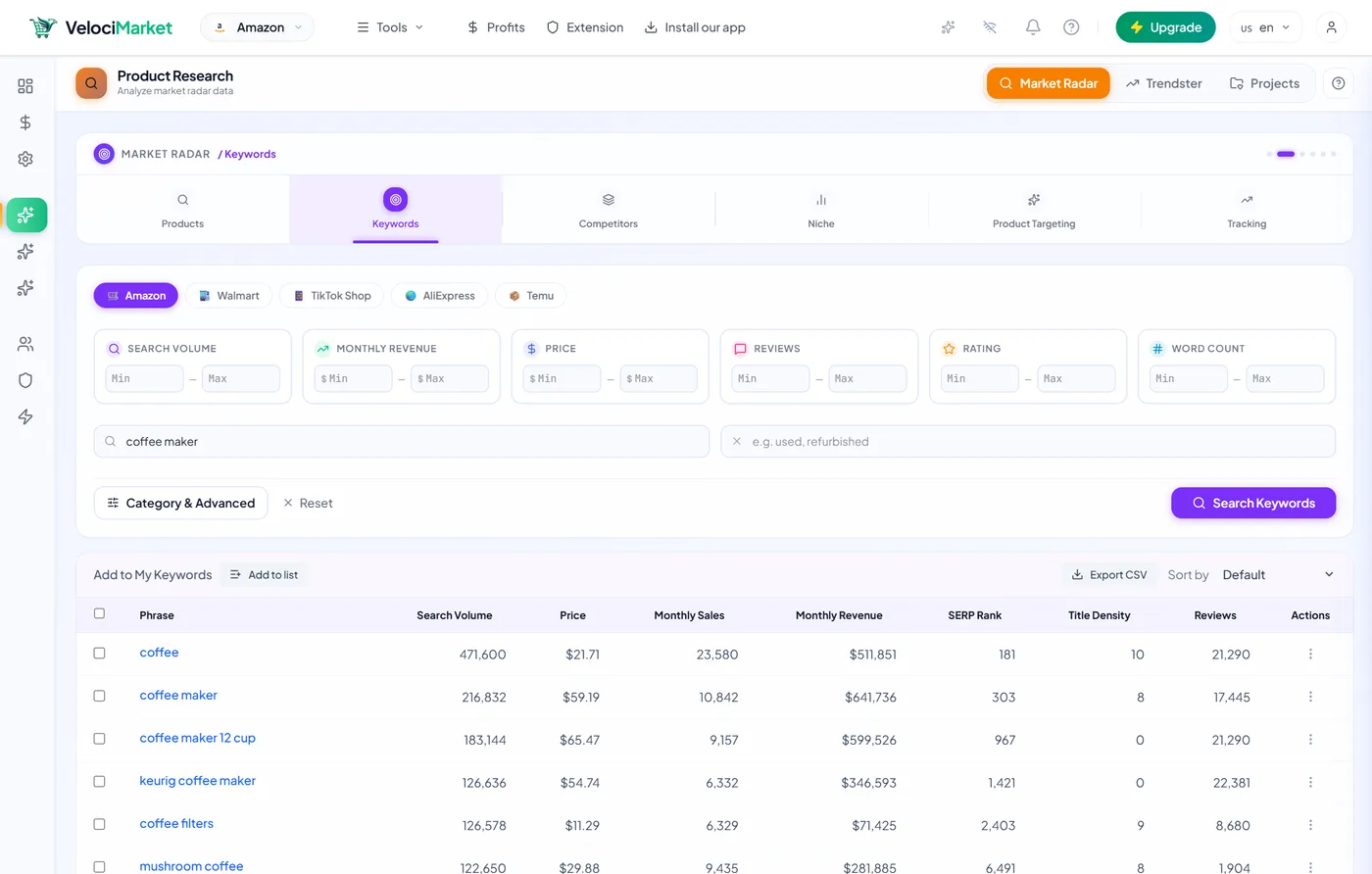 Keyword Finder — real product screenshot